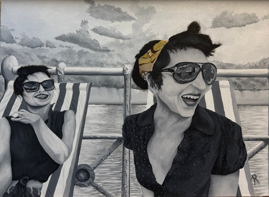 A stylized black and white painting of two women on a boat deck, one reclining in a striped lounge chair and the other standing in the foreground wearing dark sunglasses and a yellow headscarf.