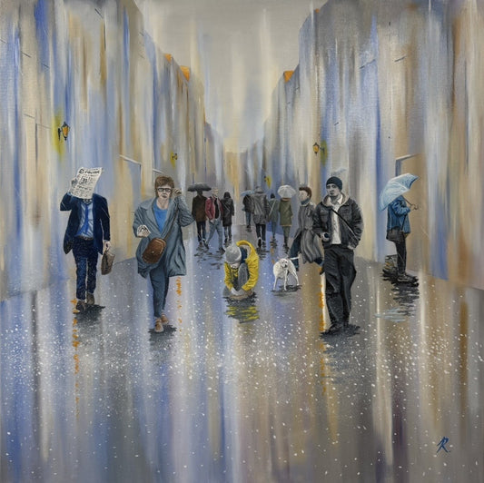 Painting of people walking in a snowy city street with umbrellas and newspapers.