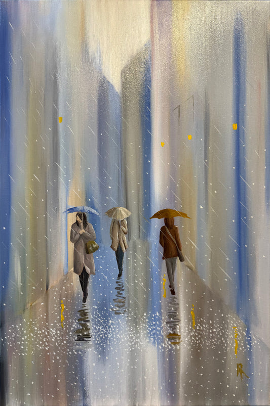 Artistic depiction of three people with umbrellas walking in a snowy cityscape.